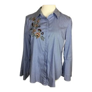 Christopher & Banks Blouse Blue White Stripe Bell Sleeves Floral Embroidery Sz M